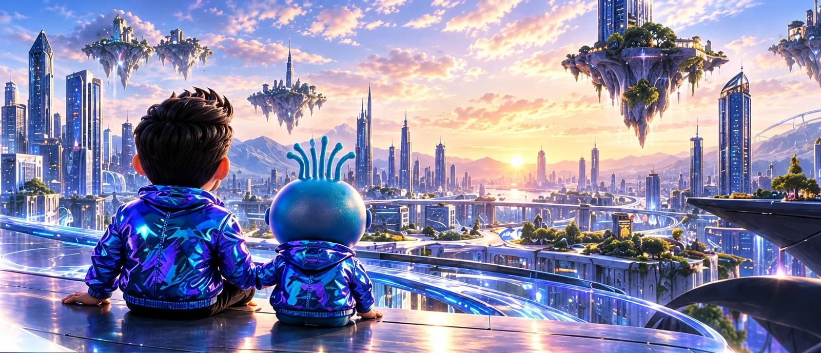 Two characters sitting facing a futuristic city at sunrise